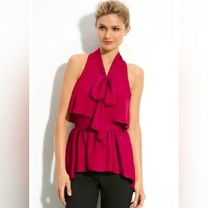 BCBGMaxAzria Celline Flowy Sleeveless Blouse In Sangria Red Tie-Neck Size S